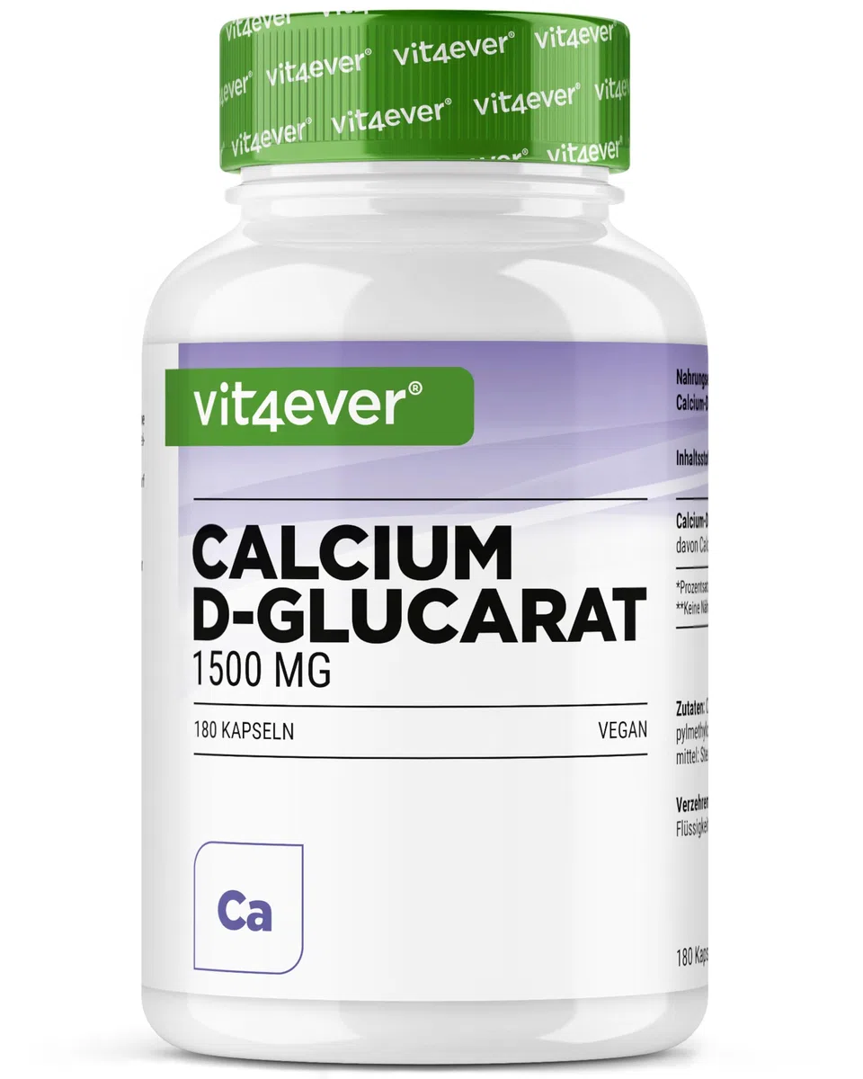 vit4ever Calcium-D-Glucarato 1500 mg – 180 Capsule – Alto Dosaggio – Sale di Calcio dell’Acido D-Glucarico – 222 mg di Calcio (28% VNR) – Vegano & Senza Additivi Inutili
