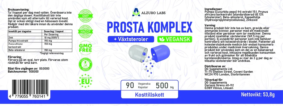 Prosta Complex | Semi di Zucca, Pygeum africanum e Beta-Sitosterolo con Zinco | 90 capsule vegane | scorta per 3 mesi | Cucurbita pepo | GMP & Testato da Laboratorio Indipendente