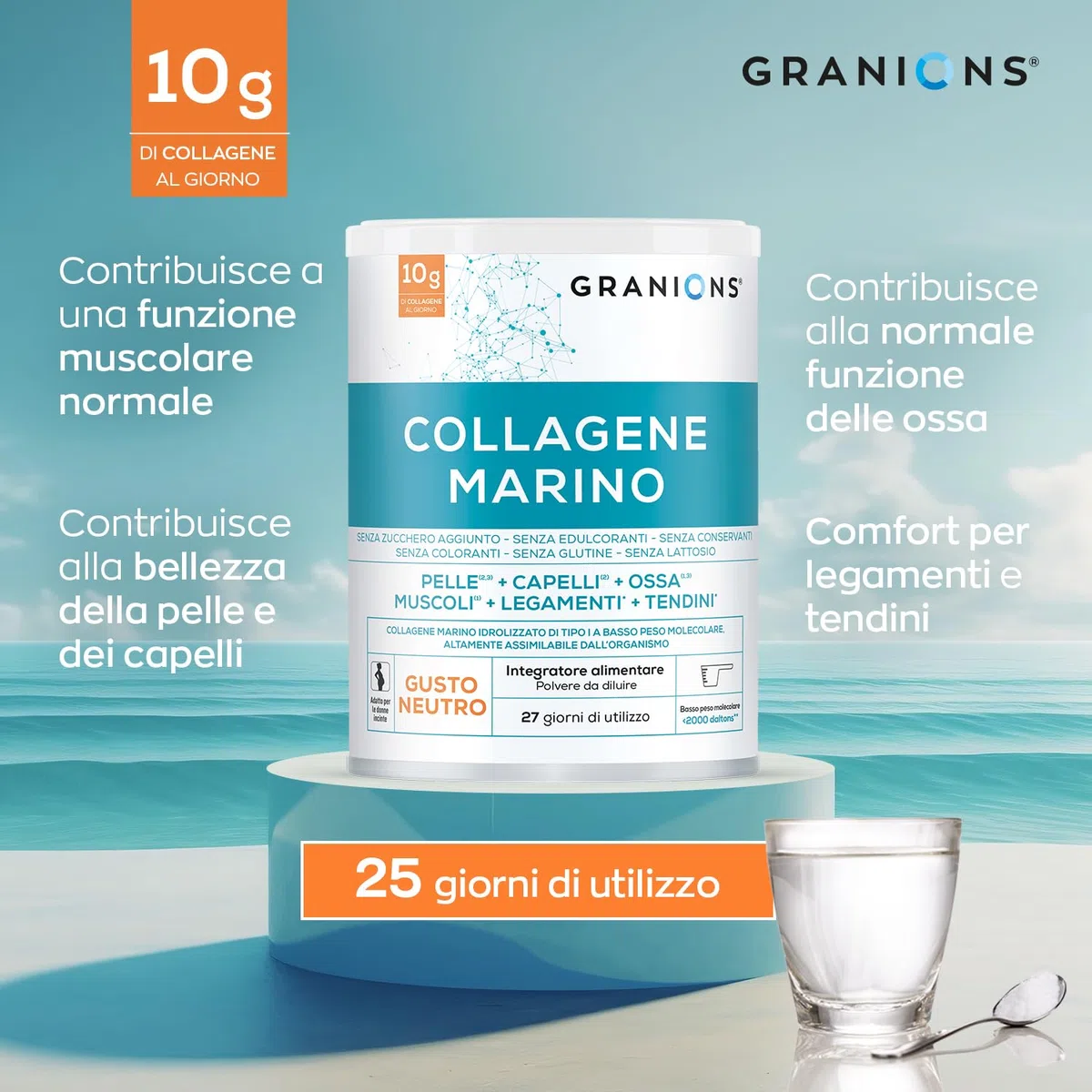 GRANIONS Collagene Marino Idrolizzato Tipo I in Polvere | 10 g al Giorno | Vitamina C Naturale da Acerola | Pelle, Capelli, Ossa, Muscoli | Gusto Neutro | 278 g | 27 Giorni
