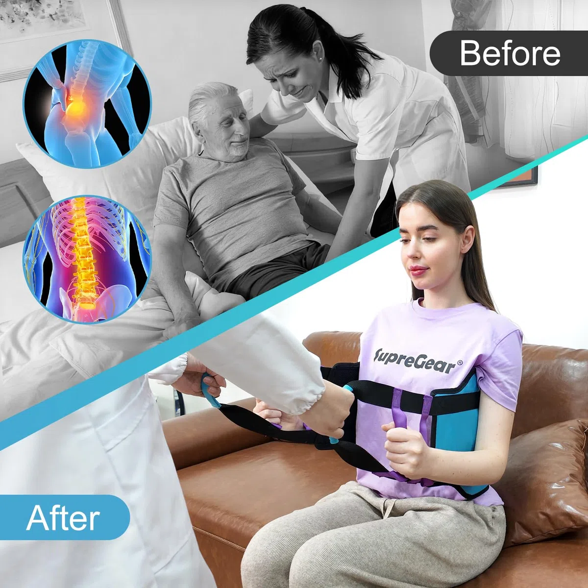 supregear Imbracatura di trasferimento imbottita 90 cm con 6 maniglie, Ausilio per riposizionamento anziani, girare a letto, alzarsi e supporto mobilità quotidiana, Aqua