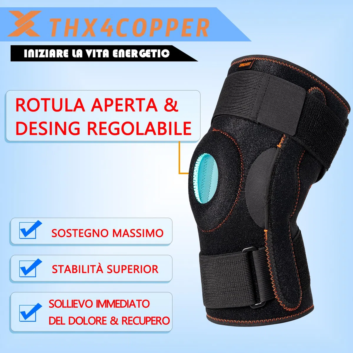Thx4COPPER Tutore Ginocchio Regolabile,Ginocchiera con Stecca Laterali Ginocchio Stabilizzatori Aperte, per Escursioni, Arrampicate Supporto Sportiva- M