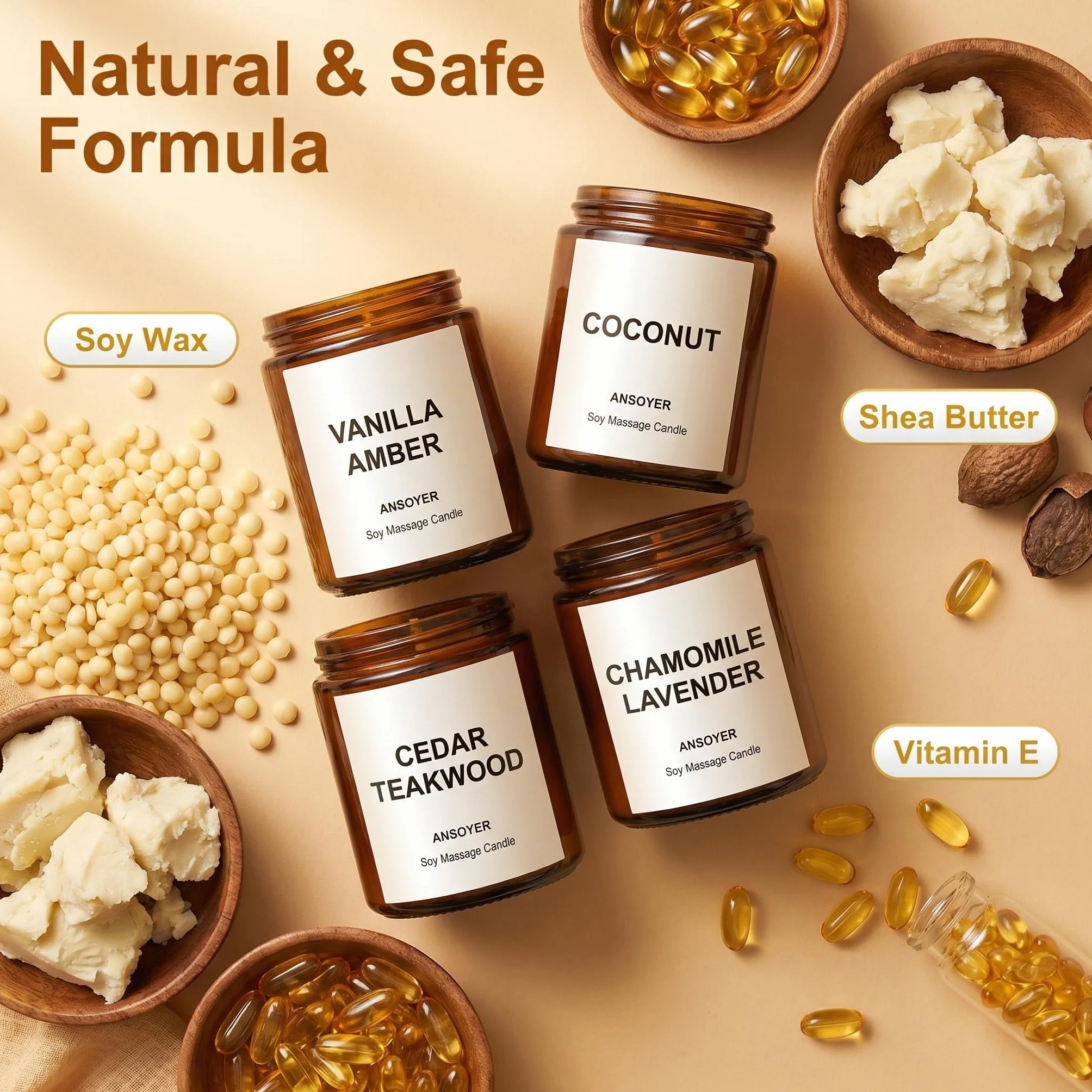 4 Pezzi Candela da massaggio - Set Regalo con 4 Candele da 128g per Massaggi, Aromaterapia e Relax - Olio Idratante, Fragranze Delicate (Vaniglia Ambra + Cocco + Cedro Teak + Camomilla Lavanda)