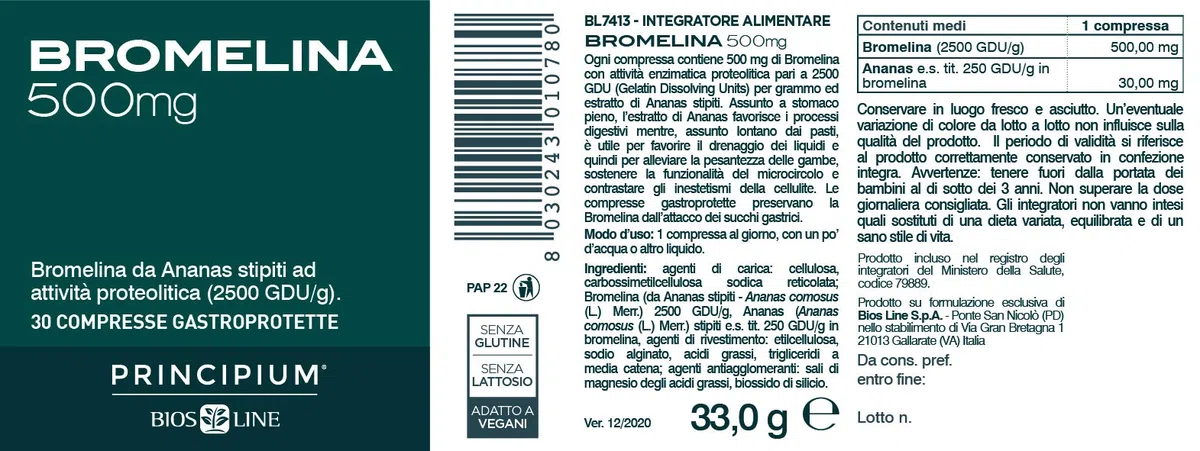 BIOS LINE Principium Bromelina 500 mg, Integratore alimentare con Estratto d'Ananas, Favorisce il Microcircolo, Integratore Drenante Contro la Cellulite, 30 Compresse