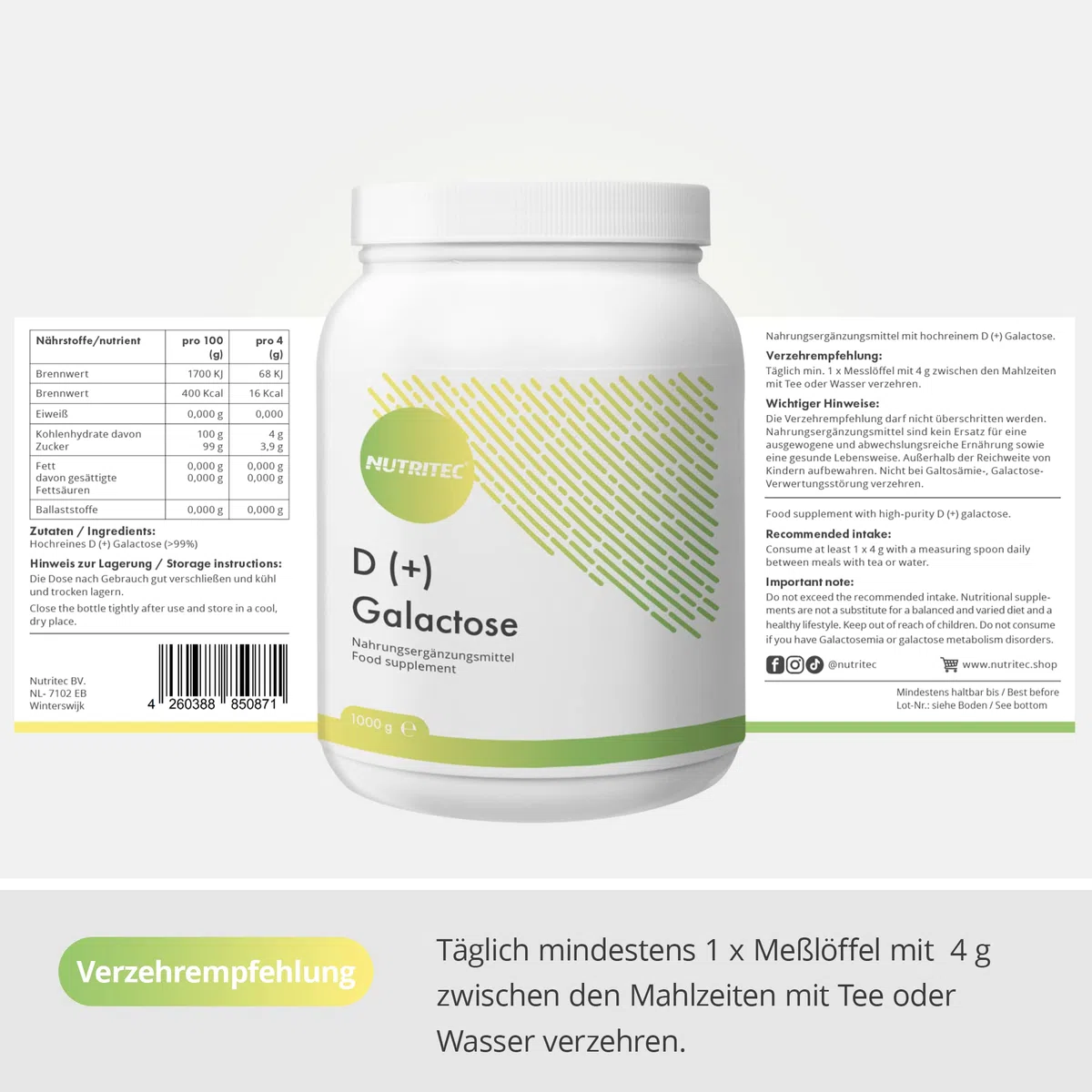 D+ Galattosio Polvere 1000 g - Qualità tedesca, elevata purezza > 99% senza additivi e ingegneria genetica, vegetariana, con misurino - zucchero mucoso, zucchero semplice | Nutritec