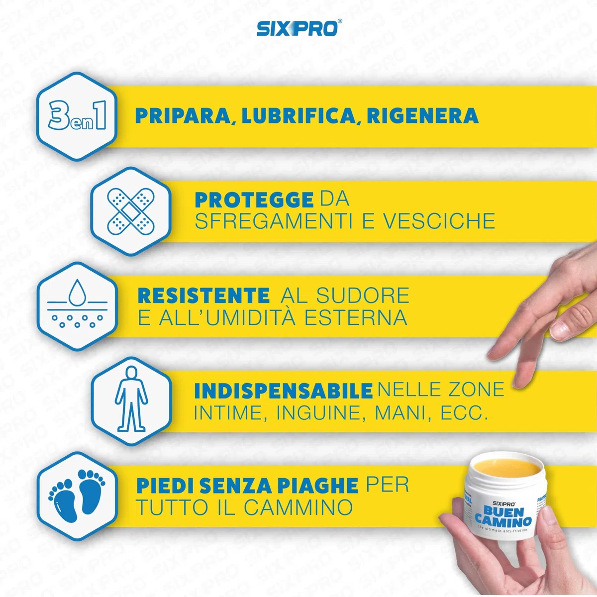 SIXPRO BUON CAMMINO 50ml | Crema Antifrizione Naturale per Pellegrini | Previene Vesciche e Sfregamenti su Piedi e Zone Sensibili | Protezione e Idratazione per Escursioni e Lunghe Camminate
