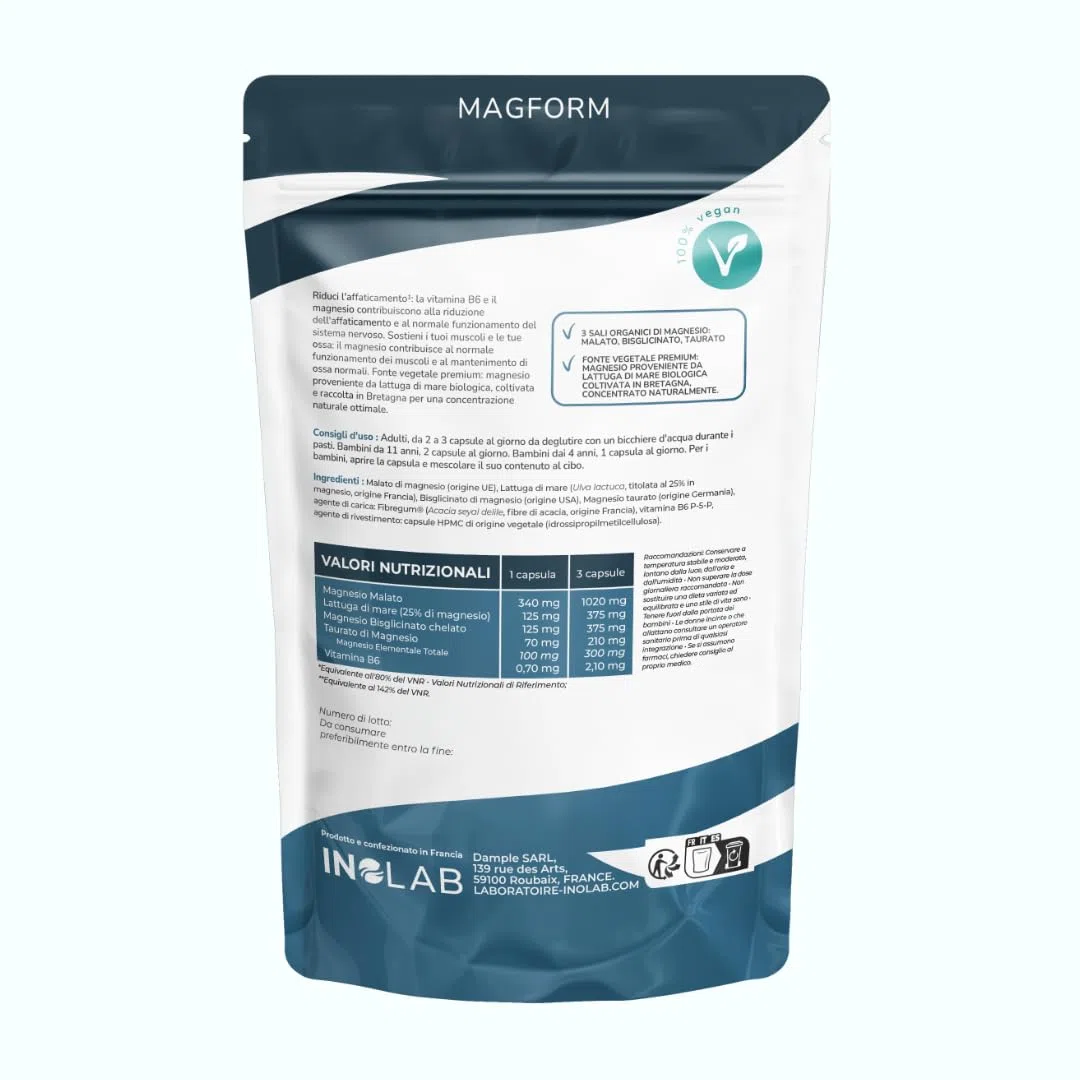 INOLAB Magnesio Completo 1980mg + B6 | 4 Forme Sinergiche: Magnesio Bisglicinato, Malato, Vegetale, Taurina Chelata | Alta Assimilazione e Tolleranza | 120 Capsule Senza Magnesio Marino