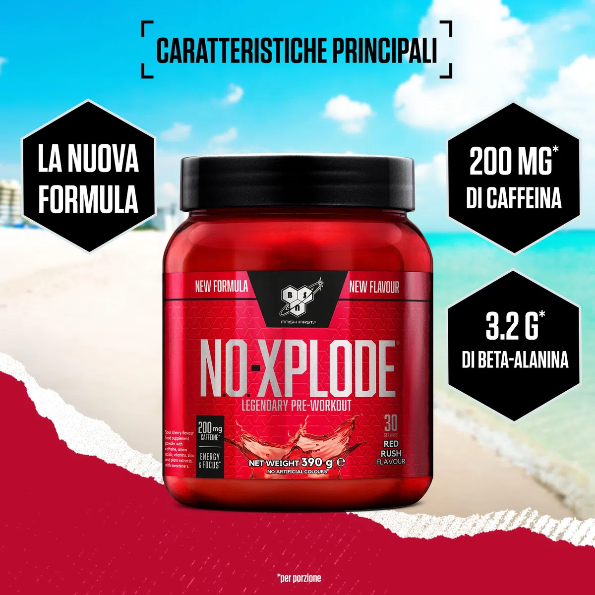BSN Nutrition N.O.-Xplode, Integratore Alimentare in Polvere Pre-Allenamento, Supporto per Energia e Concentrazione con Caffeina, Aminoacidi, Vitamina C e Zinco, Gusto Red Rush, 30 Porzioni, 390 g