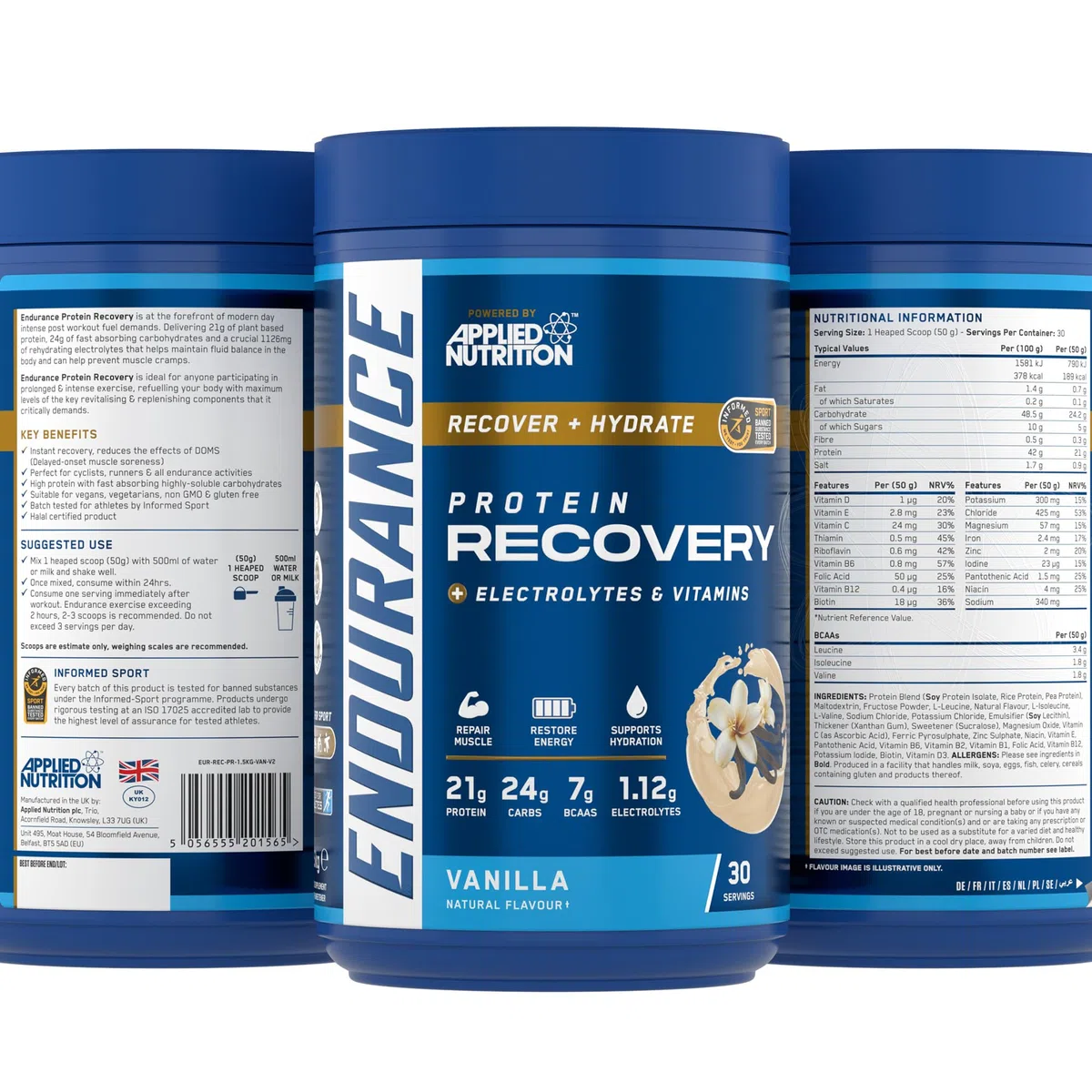 Applied Nutrition Endurance Protein Recovery Vaniglia 1,5 kg con Carboidrati, Elettroliti, BCAA, Vitamine e Minerali - 30 Porzioni - Senza Glutine, Lattosio e Noci - Recupero Muscolare