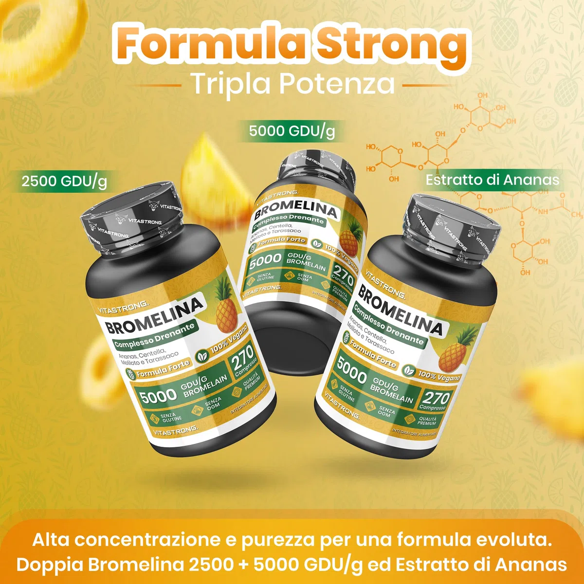 Bromelina Forte Drenante Vitastrong, Integratore Bromelina 5000 GDU, Vegana, Qualità Premium, 270 Compresse, Formula Complex con Centella Asiatica, Tarassaco e Meliloto, Bromelain Senza Glutine, OGM