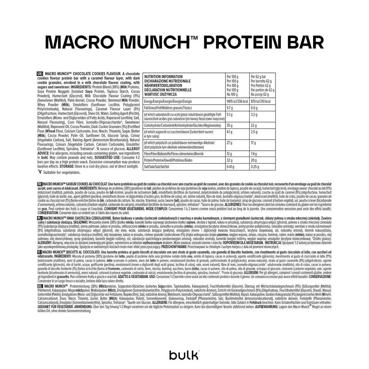Bulk Macro Munch Barretta Proteica | Chocolate Cookies | 12 x 62g | 20g di proteine per barretta | Basso contenuto di zuccheri | Ricca di fibre | Triplo strato | Perfetta fuori casa