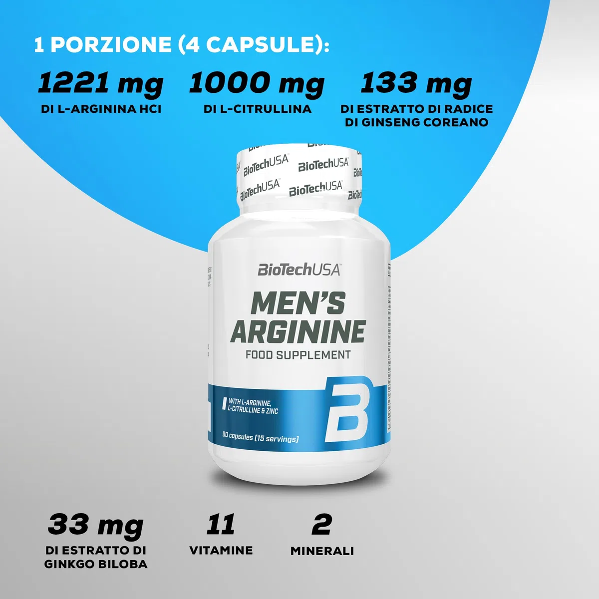 BioTechUSA Men's Arginine | Aumenta la vitalità | con ingredienti vegetali | Vitamine | Zinco | Ideale per il benessere maschile | 90 Capsule