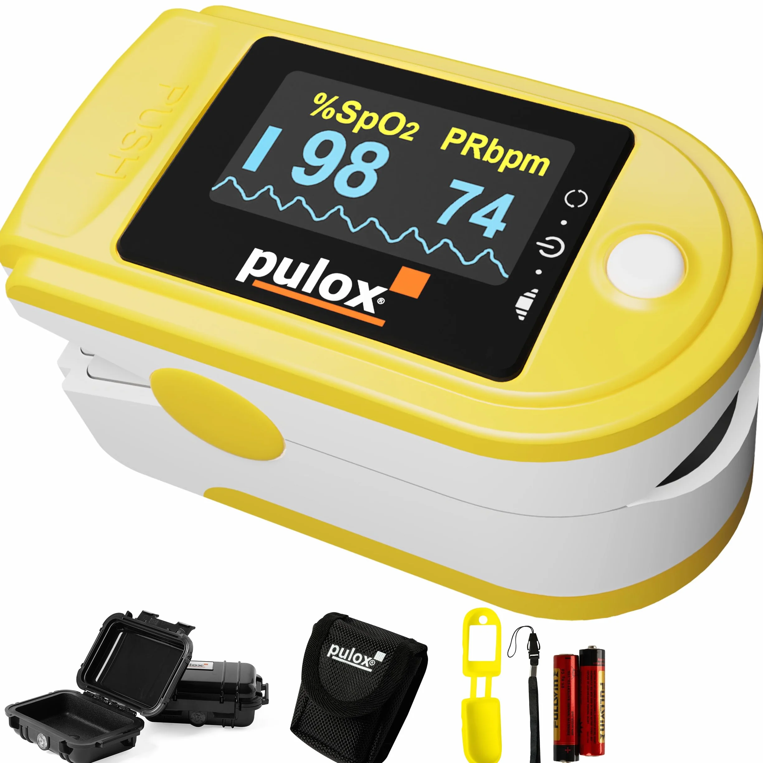 Pulsossimetro Pulox PO-200 Set - Saturimetro da dito professionale con custodia, borsa, batterie e cordino - Misurazione di SpO2, polso e PI sul dito