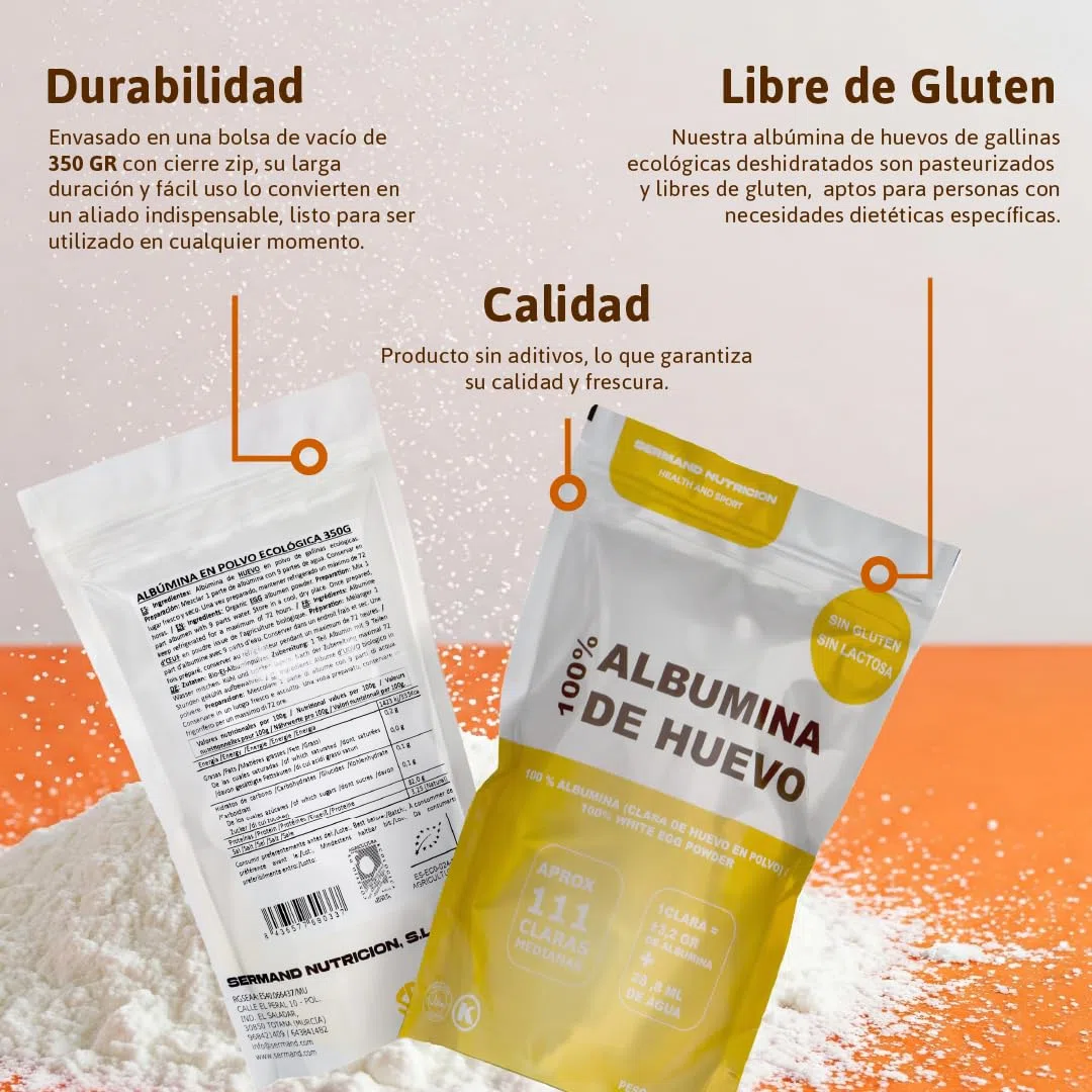 Albume d'uovo ecologico in polvere (350g) | Bianco d'uovo ecologico in polvere | Albumina d'uovo | Senza additivi | Prodotti senza lattosio | Presentazione in sacchetto Zip