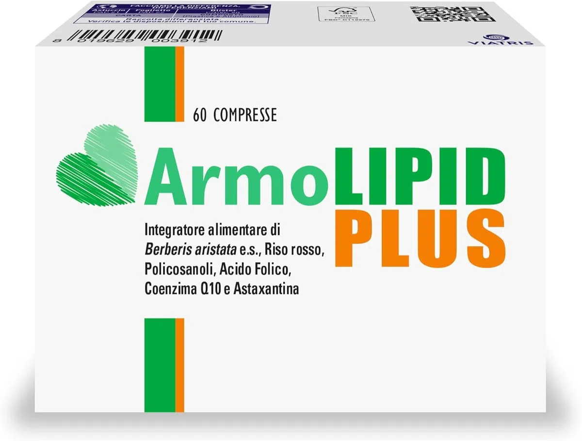 ArmoLipid Plus 60 Compresse, Integratore Alimentare con Berberis Aristata, Riso Rosso Fermentato, Acido Folico, Policosanoli, Coenzima Q10 e Astaxantina