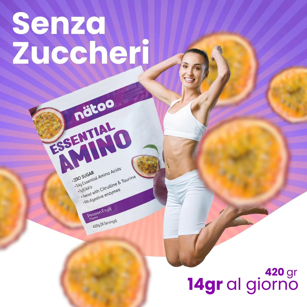 Nätoo Essential Amino Passion Fruit - Aminoacidi Essenziali in Polvere con BCAA, Vitamina C, B6, B12, Glutammina, Bromelina, Taurina, Citrullina - Prestazioni, Recupero al Top - Eaa Senza Zucchero