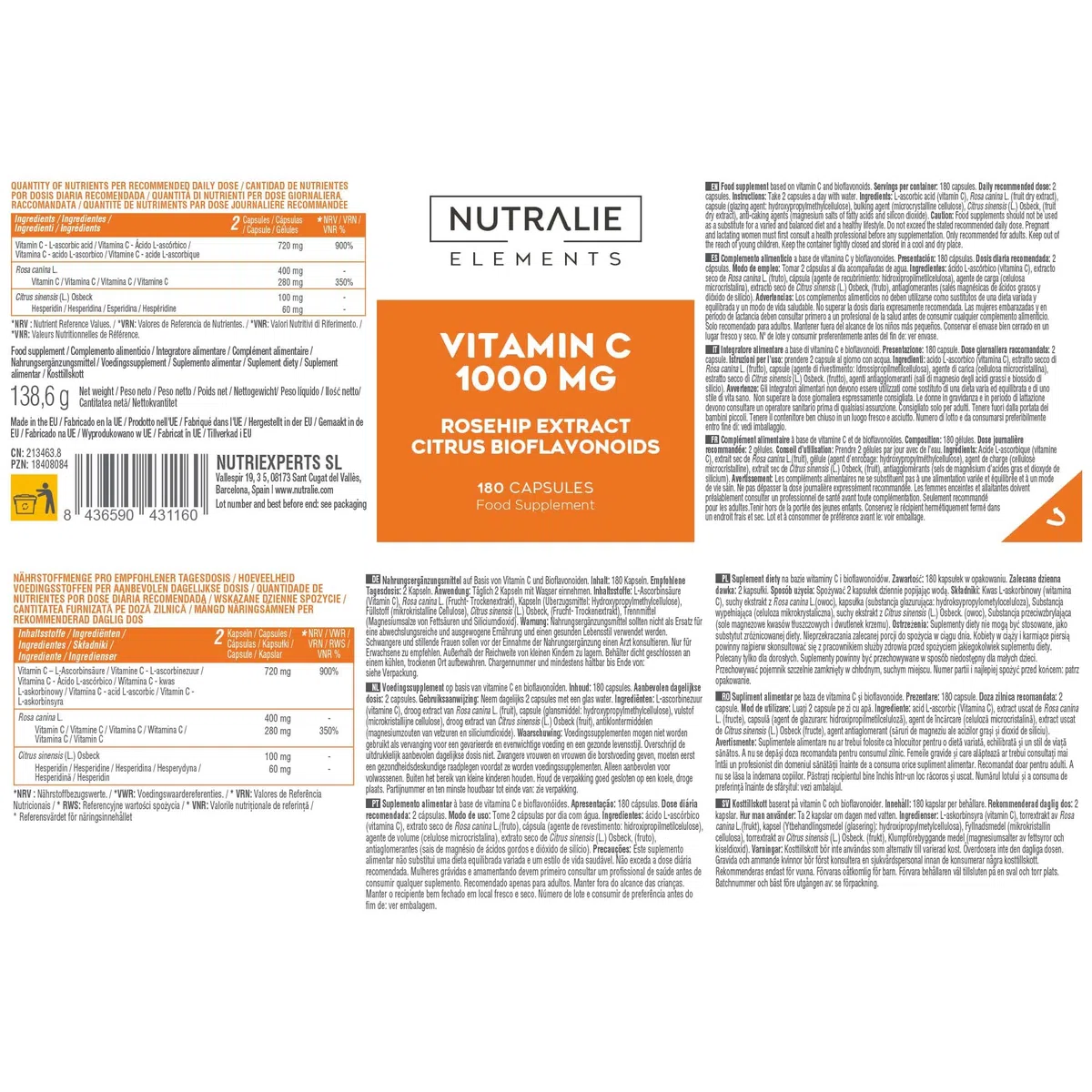 VITAMINA C da 1000 mg con - Rosa Canina e Acido Ascorbico - Difese + Stanchezza + Antiossidante - Bioflavonoidi + Vitamin C 180 Capsule Nutralie