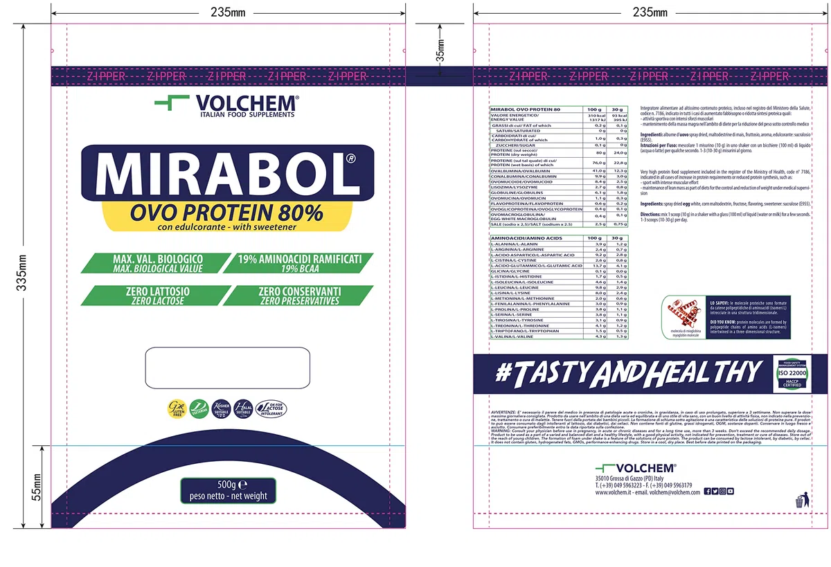Volchem Mirabol Ovo Protein 80, Integratore Alimentare con Proteine dell'Uovo, 80% Purezza, 19% Aminoacidi Ramificati, Senza Lattosio e Conservanti, Busta con Polvere Solubile, Gusto Crema, 500 g