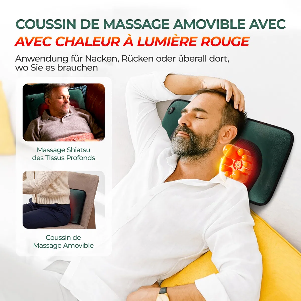 Tappetino massaggiante per tutto il corpo con massaggio Shiatsu e calore | Tappetino massaggiante con 10 motori di vibrazione per schiena e gambe, tappetino relax elettrico per casa e ufficio, verde