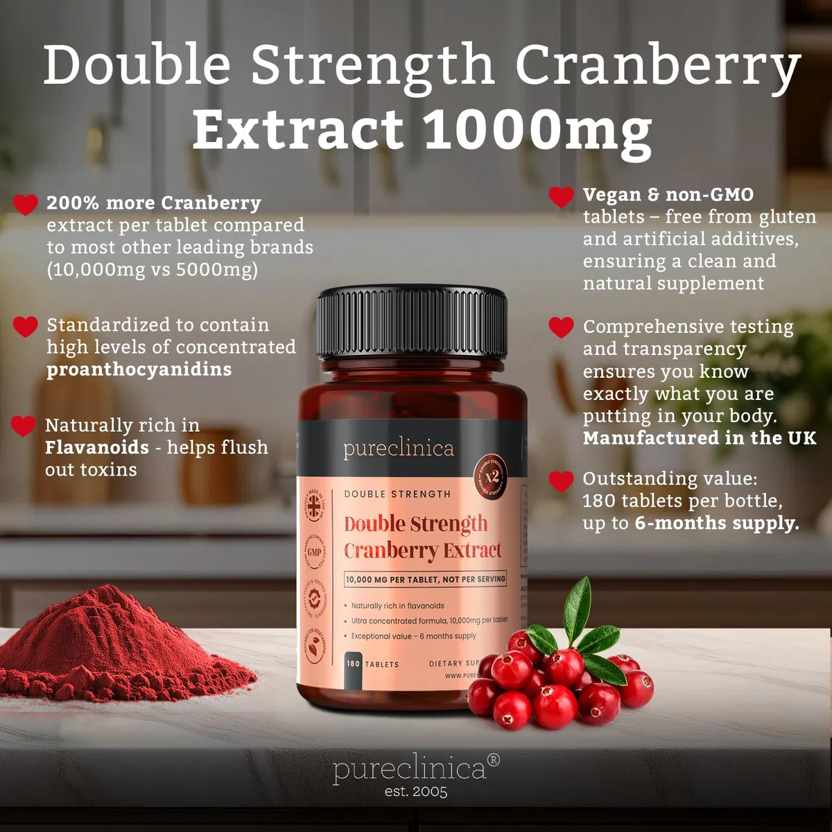 Doppia Concentrazione Estratto di Mirtillo Rosso 10.000mg x 180 Compresse Ultra Concentrate - Fornitura per 6 Mesi!
