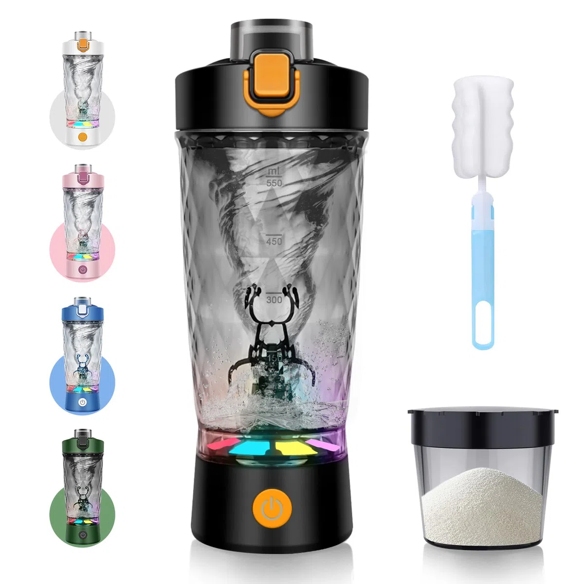 SOARFLY Shaker elettrico, 650ml shaker proteine elettrico, bottiglia per shaker per proteine ricaricabile USB C, shaker elettrico con scomparto per polvere, senza BPA, nero