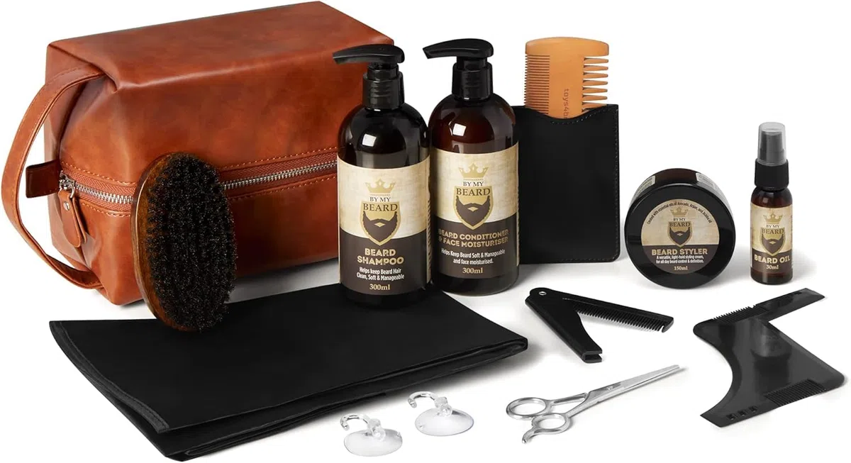 Kit Barba Uomo-Prodotti Barba Uomo Olio Balsamo 300ml Shampoo 300ml -Spazzola e Pettine - Forbici, Sacca Viaggio -Ottima Idea Regalo