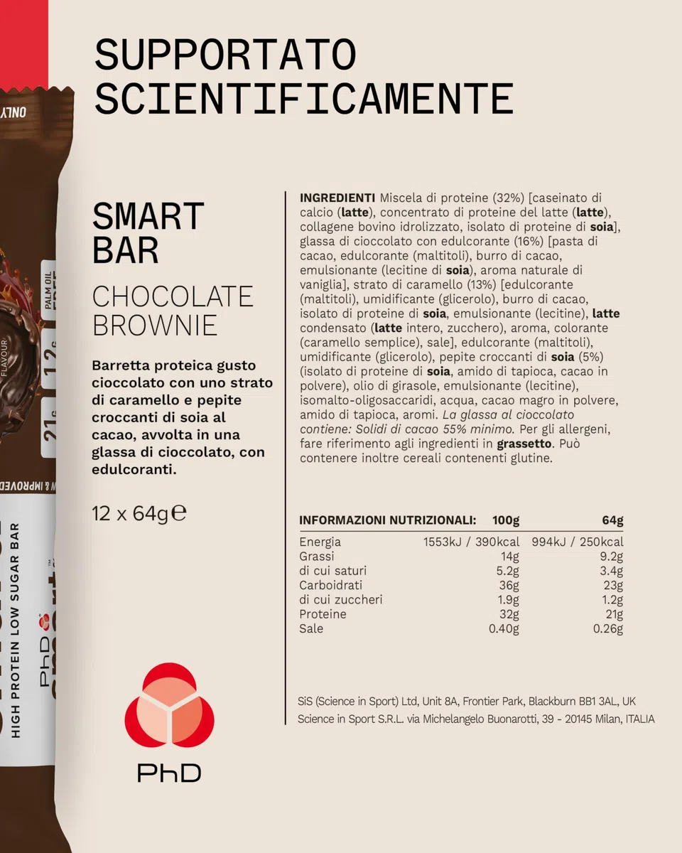 PhD Nutrition Smart Bar Barrette Proteiche Brownie al Cioccolato 12 x 64g - Snack ad alto contenuto proteico con 21g di proteine e poco zucchero, Barretta proteica amica dei macro