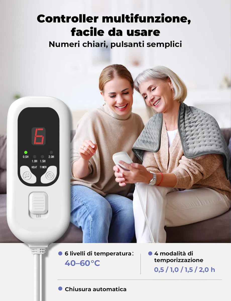 Termoforo Elettrico 84x43 cm – Per Schiena, Spalle e Addome, 6 Livelli Di Temperatura, 4 Timer, Riscaldamento Rapido, Spegnimento Automatico, Lavabile In Lavatrice – Grigio Scuro