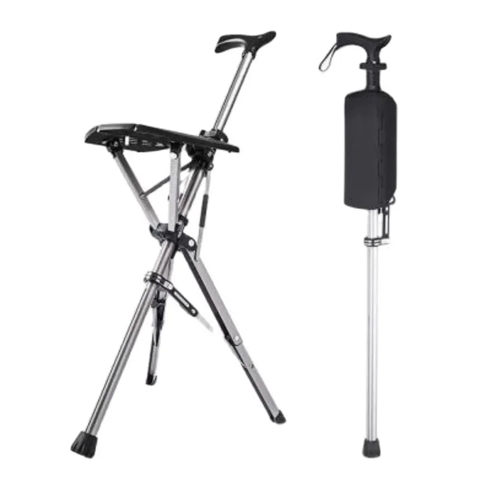 Bastone da passeggio pieghevole con sedile, sedia portatile con bastone da passeggio in lega di alluminio, sgabello treppiede leggero con funzione di sblocco automatico, sedia pieghevole antiscivolo (