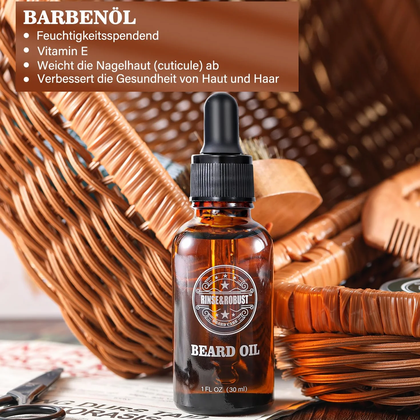 Rinse&Robusto, set per la cura della barba da 8 pezzi, con borsa da viaggio, profumo di eucalipto, spazzola da barba, forbici da barba, shampoo da barba