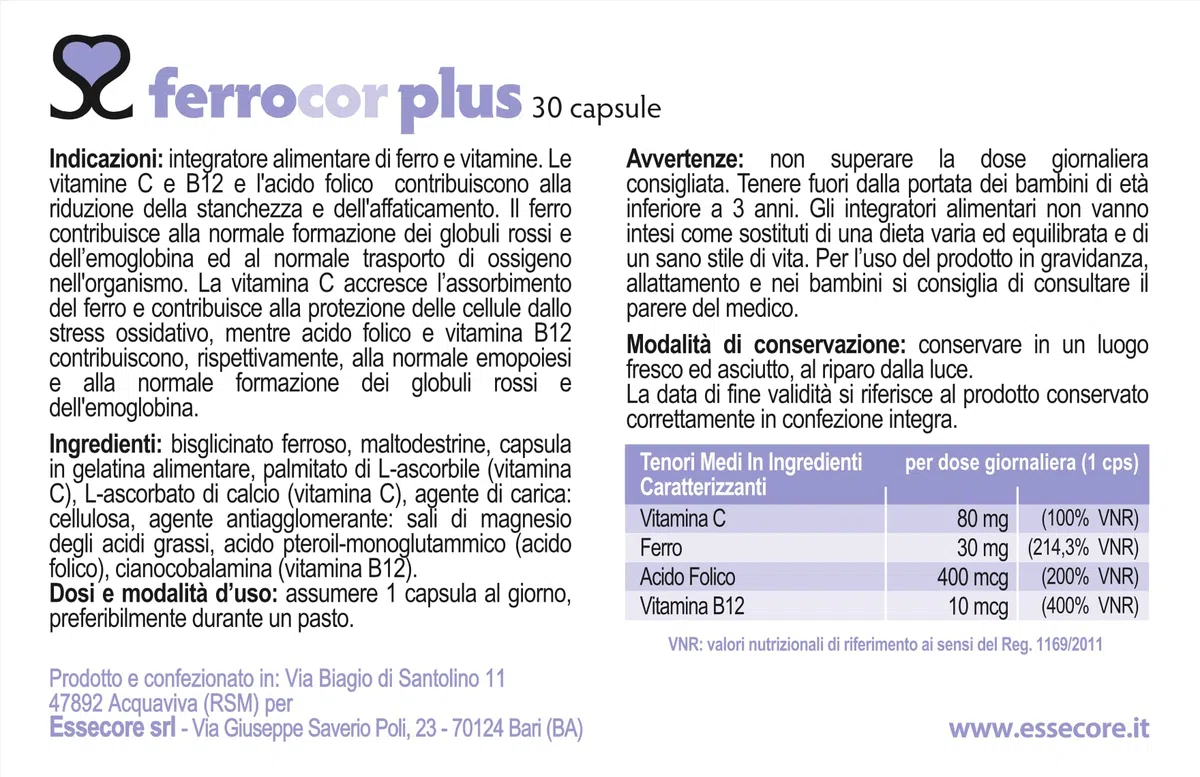 Ferrocor Plus 30 Capsule - Integratore di Ferro con Vitamine C, B12 e Acido Folico – Supporta la Formazione dei Globuli Rossi e Riduce Stanchezza e Affaticamento