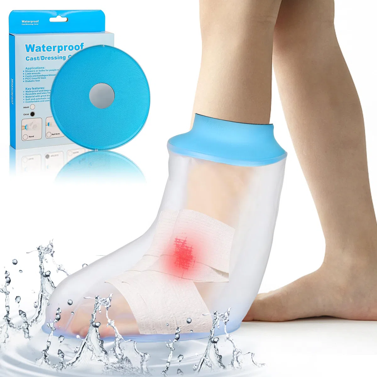 SUPERNIGHT Copertura impermeabile per bambini in ghisa per doccia, protezione fasciatura per medicazioni e lesioni dei piedi degli adolescenti, ustioni, borsa in ghisa sigillata riutilizzabile