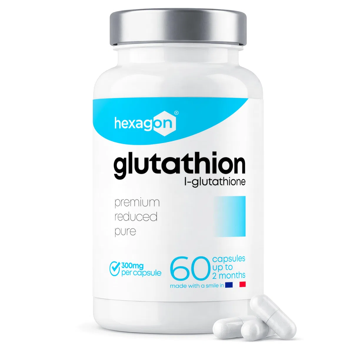 Glutatione 300mg - Cura di 2 Mesi - Forte, Ridotto & Attivo - L-Glutatione, Purifica la Pelle - Antiossidante e Disintossicante - 60 Capsule Vegetali - Vegan - Made in France - Hexagon