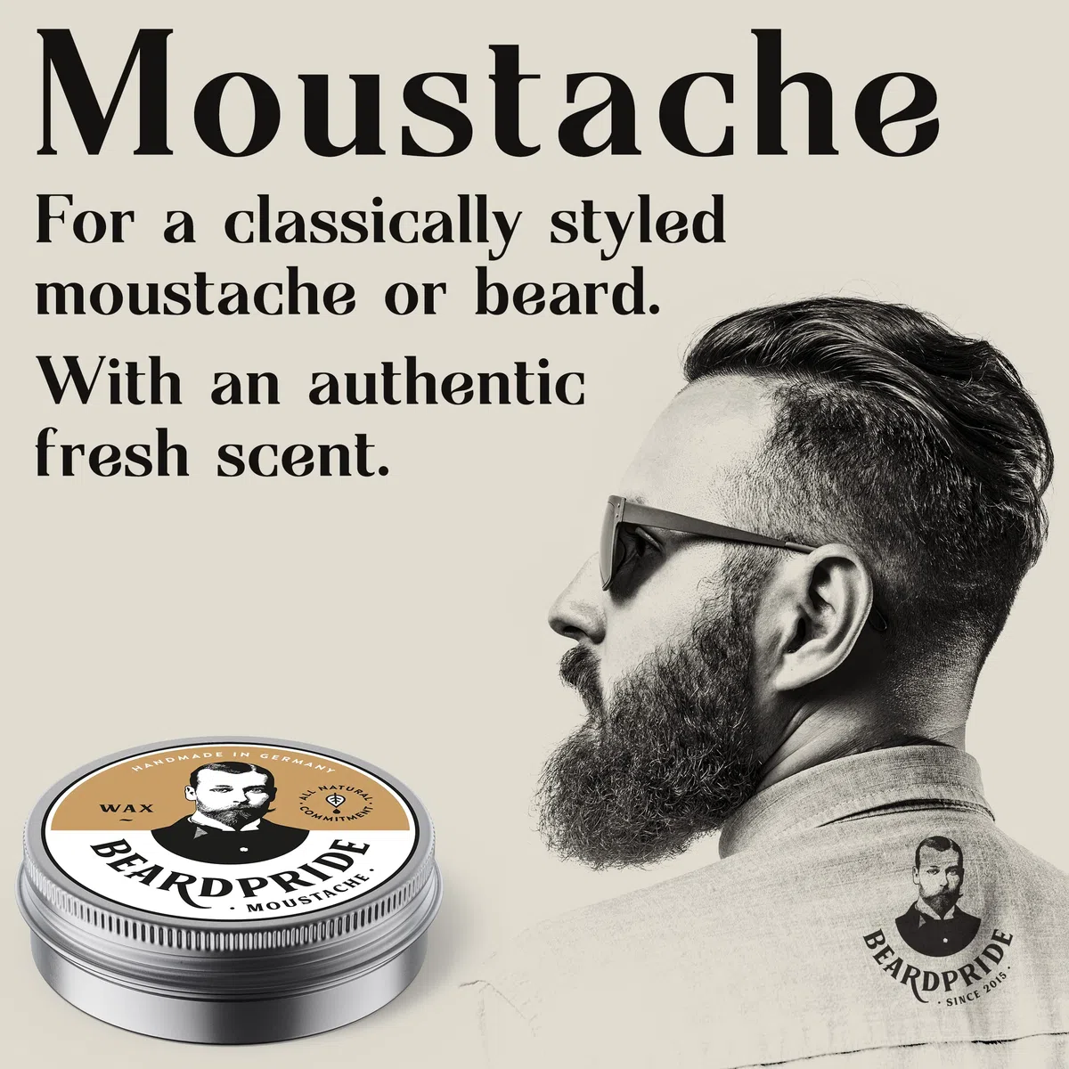 BEARDPRIDE Cera per barba uomo - Traditional - La cera per barba originale per modellare i baffi - Cera per barba a base di cera d'api - Cera per barba - Regalo per uomini - 55g