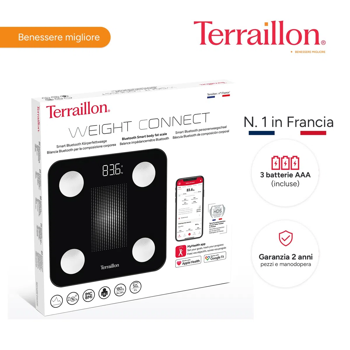 TERRAILLON - WEIGHT CONNECT - Bilancia Intelligente Bluetooth, analisi delle masse grassa, muscolare, idrica e ossea, BMI, capacità 180 kg, gradazione 50 g, schermo LED, vassoio vetro, nero