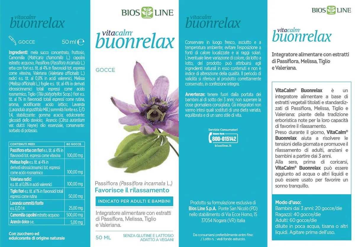 BIOS LINE VitaCalm Buonrelax, Integratore sonno con estratti di Passiflora, Melissa, Tiglio e Valeriana, Integratore rilassante per favorire il sonno e combattere l'agitazione, Senza glutine, 50 ml