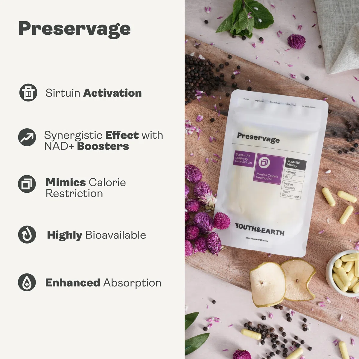 Youth & Earth Preservage | Miscela Di Resveratrolo, Curcumina, Quercetina E Bioperine | Integratore Naturale Anti-Età | Antiossidante ad Alto Potenziale | 60 Capsule Vegane | 410mg | Prodotto In UE