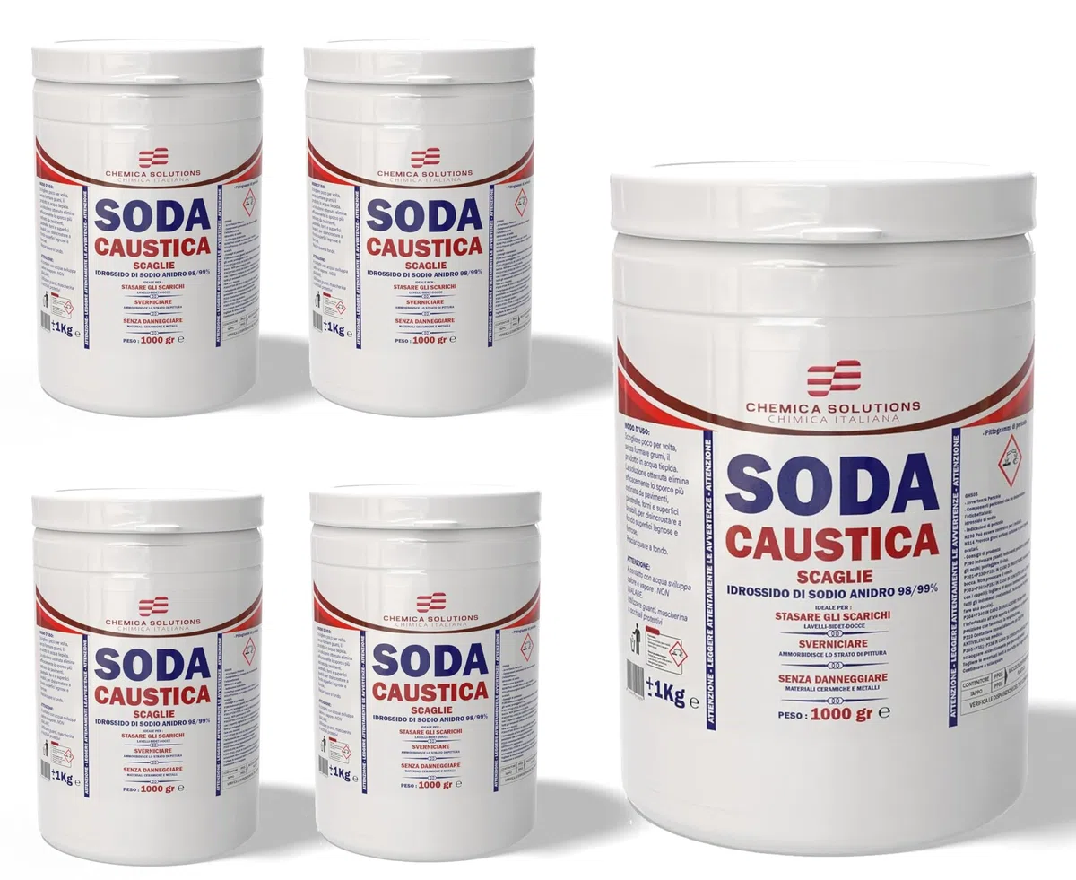 5 Barattoli da 1 Kg Soda Caustica Scaglie in barattoli Tappo con Linguetta a Sigillo, Disincrostante, Sverniciatore, Disgorgante per scarichi e water