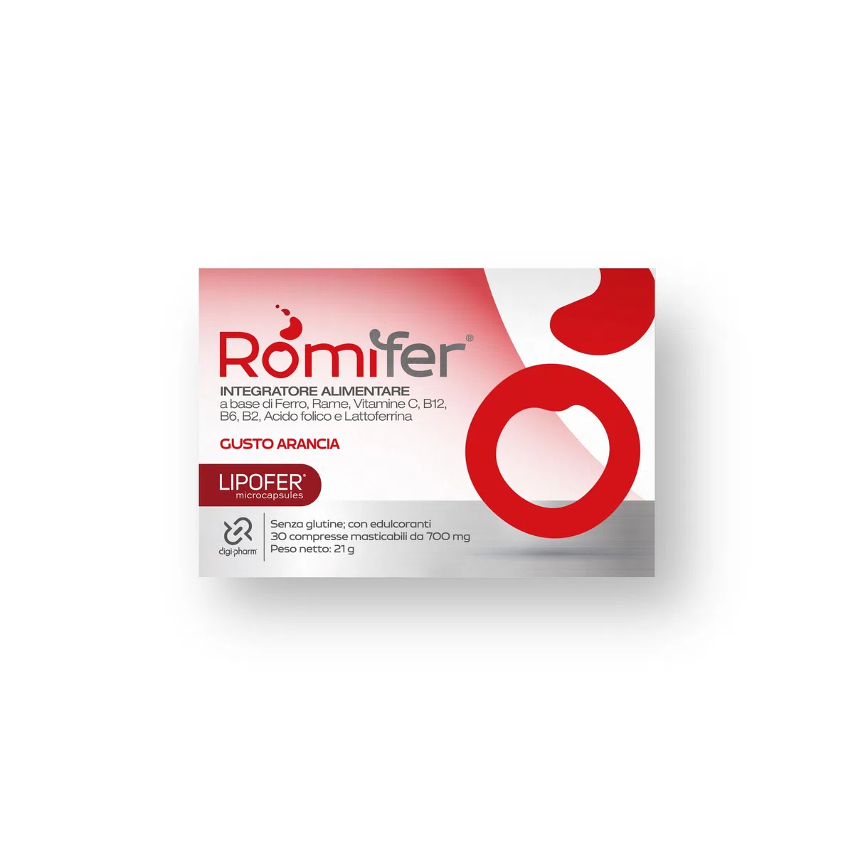 Romifer Ferro Forte Integratore Alimentare con Ferro da Lipofer Alto dosaggio, Lattoferrina, Vitamina C, Rame, Acido Folico e Vitamine B6, B2, B12, Gusto Arancia Made in Italy