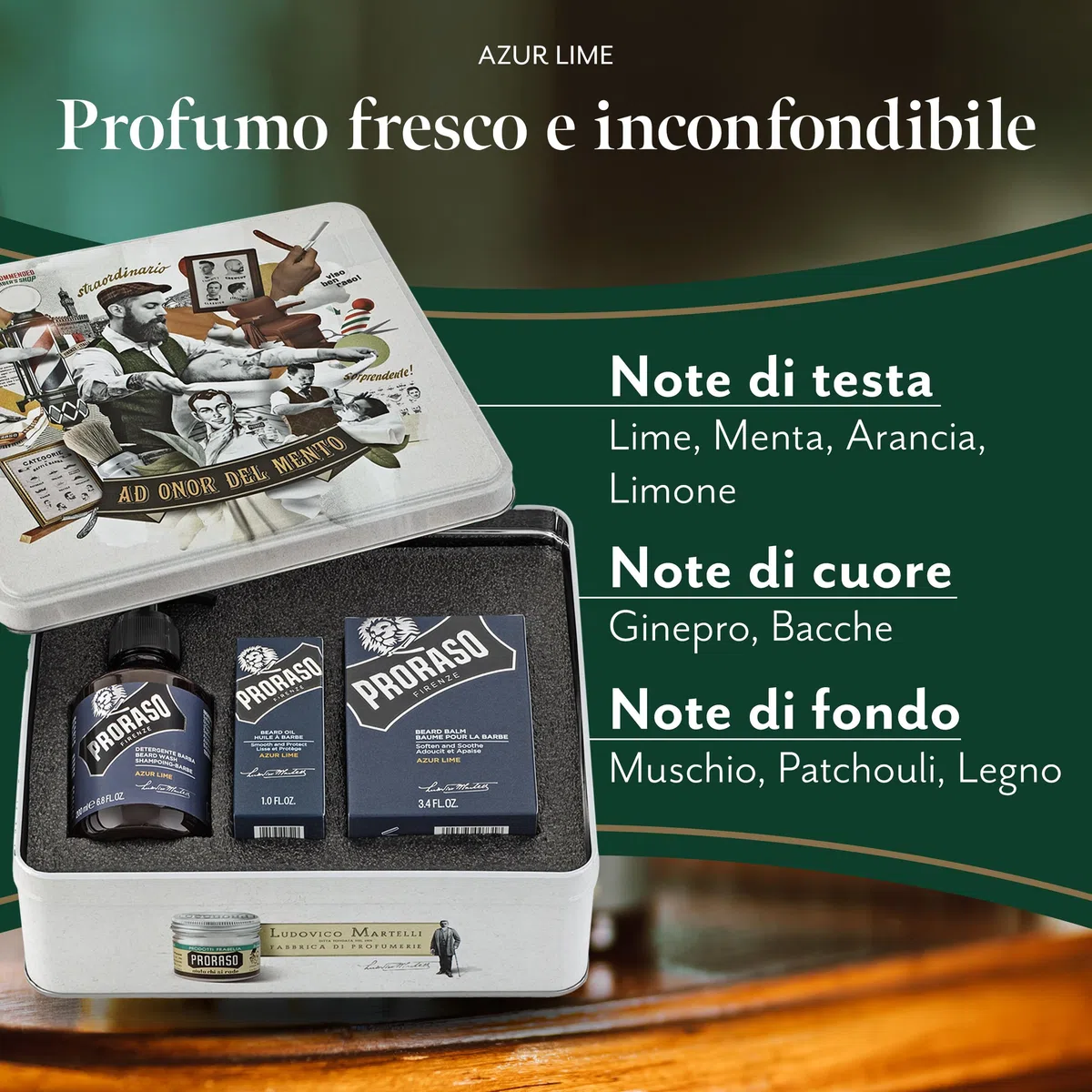 Proraso Set Barba Azur Lime, Set regalo uomo con Detergente Barba 200 ml, Olio Cura Barba 30 ml e Balsamo Cura Barba 100 ml, Cofanetto regalo uomo per la barba, Set regalo natale Made in Italy