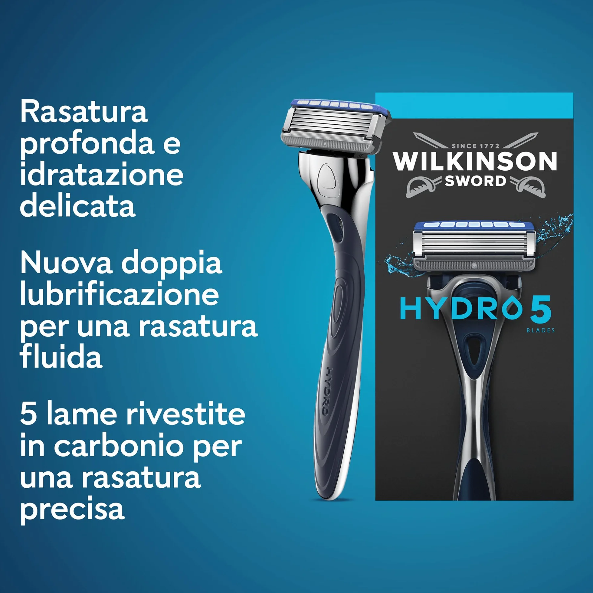 Wilkinson Sword Hydro 5, rasoio da uomo, formato convenienza, azione idratante e lame rivestite in carbonio, set manico + 13 ricariche