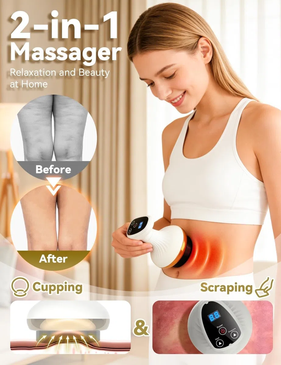 Massaggiatore Anticellulite Vacuum, Massaggiatore 4 in 1 Contro Cellulite, 6/9 Livelli di Riscaldamento, 6/9 Livelli di Aspirazione, per Pelle Più Tonica e Riduzione Cellulite (9 Livelli Con olio)