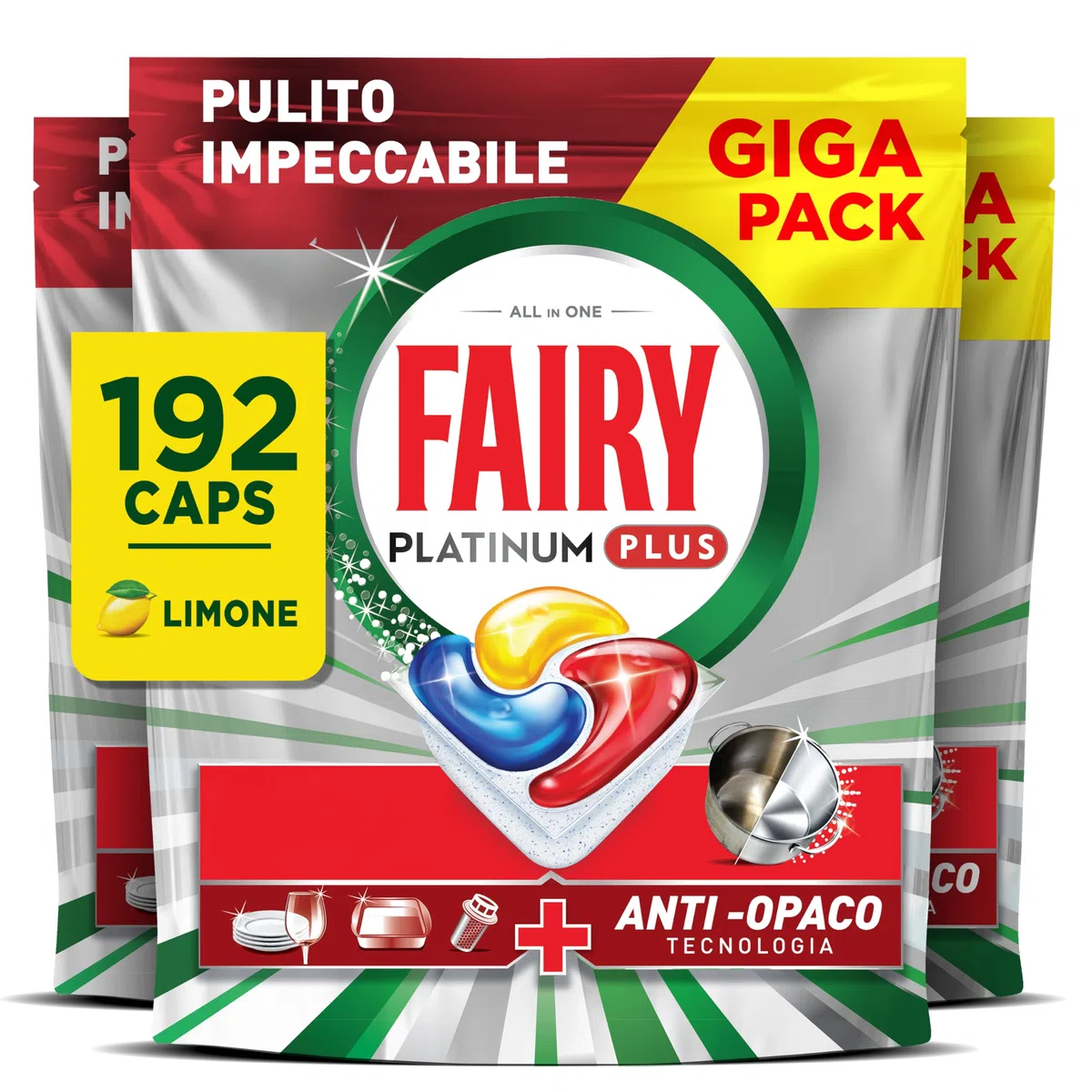 Fairy Platinum Plus Pastiglie Lavastoviglie, 192 Capsule, Limone, Detersivo Con Tecnologia Anti-Opaco, Contro Grasso e Incrostazioni Ostinate Anche nei Cicli Brevi