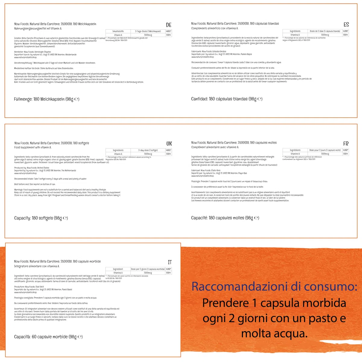 Now Foods Natural Beta Carotene, 7500mcg (25000 IU), 180 Softgels, Provitamina A, Testato in Laboratorio, Senza Soia, Senza Glutine, Non-GMO
