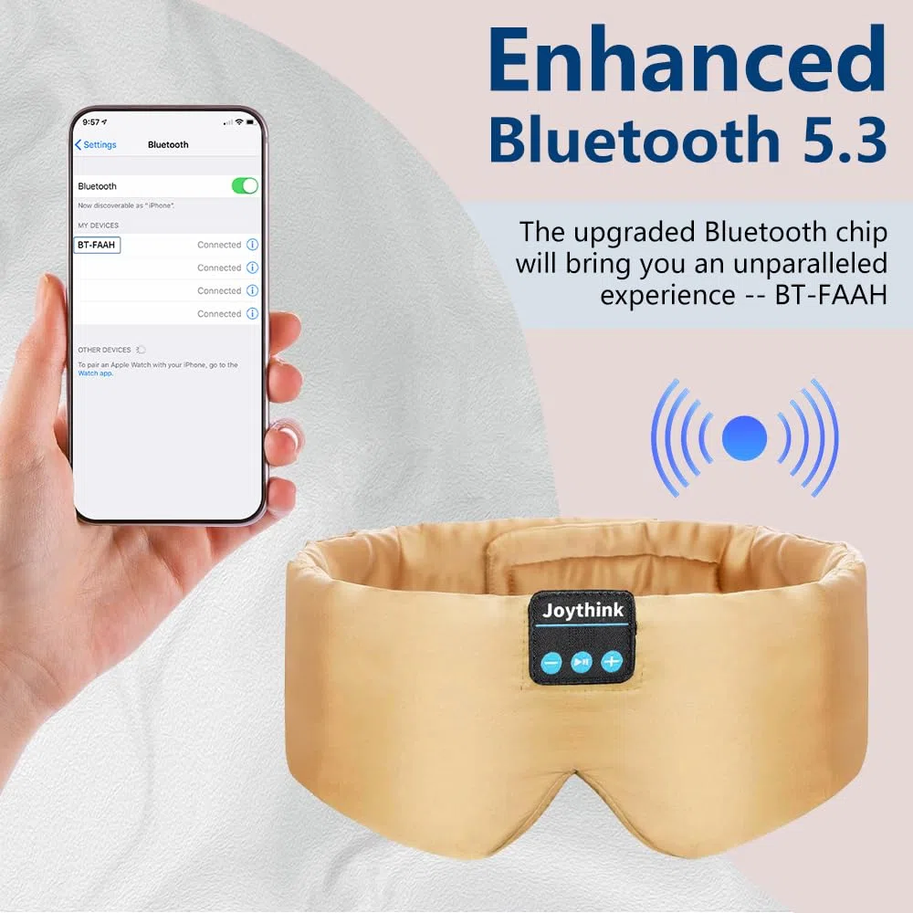 Joythink Cuffie per dormire Bluetooth Maschera per dormire Fascia di seta Auricolari Maschera per dormire sul lato Blackout Morbido Sonno Auricolari Bambini Bambini Musica Eye Cover Champagne Oro