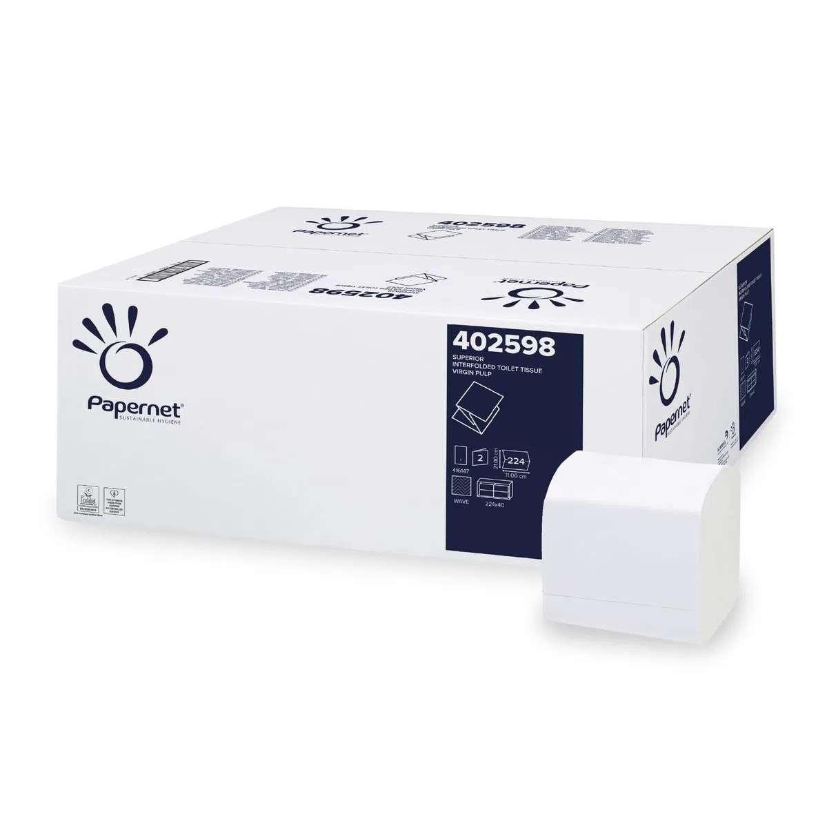 Papernet - Carta Igienica Interfogliata 402598, Realizzata in Pura Cellulosa, Due Veli, 224 Servizi per Clip, Dimensioni Servizio 21x11 cm, Dimensioni Piegato 11x10,5 cm
