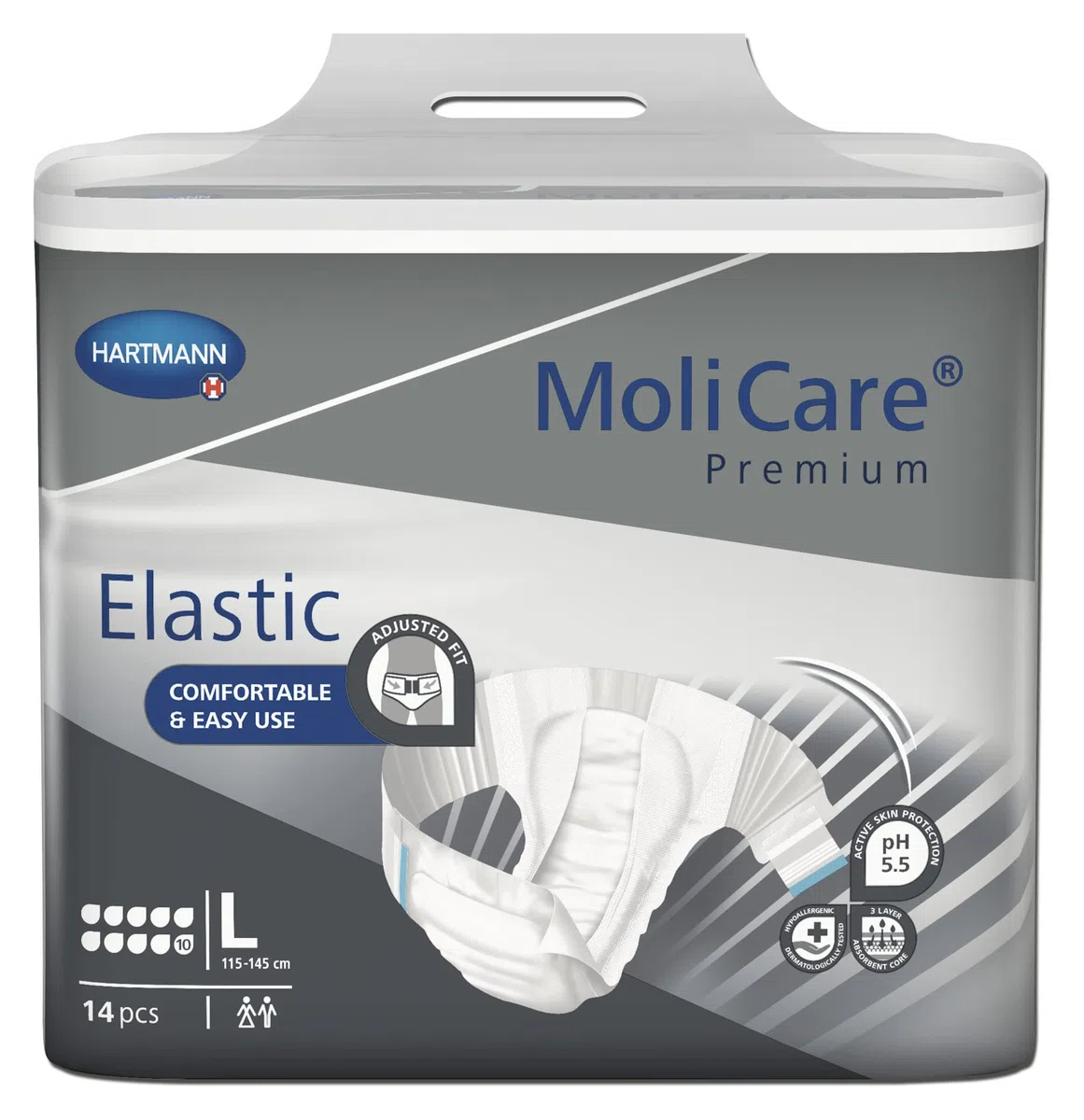 MoliCare Premium Elastic: pannoloni mutandina per incontinenza severa, per donne e uomini; 10 gocce, taglia L (circonferenza vita 115-145 cm), 14 pezzi