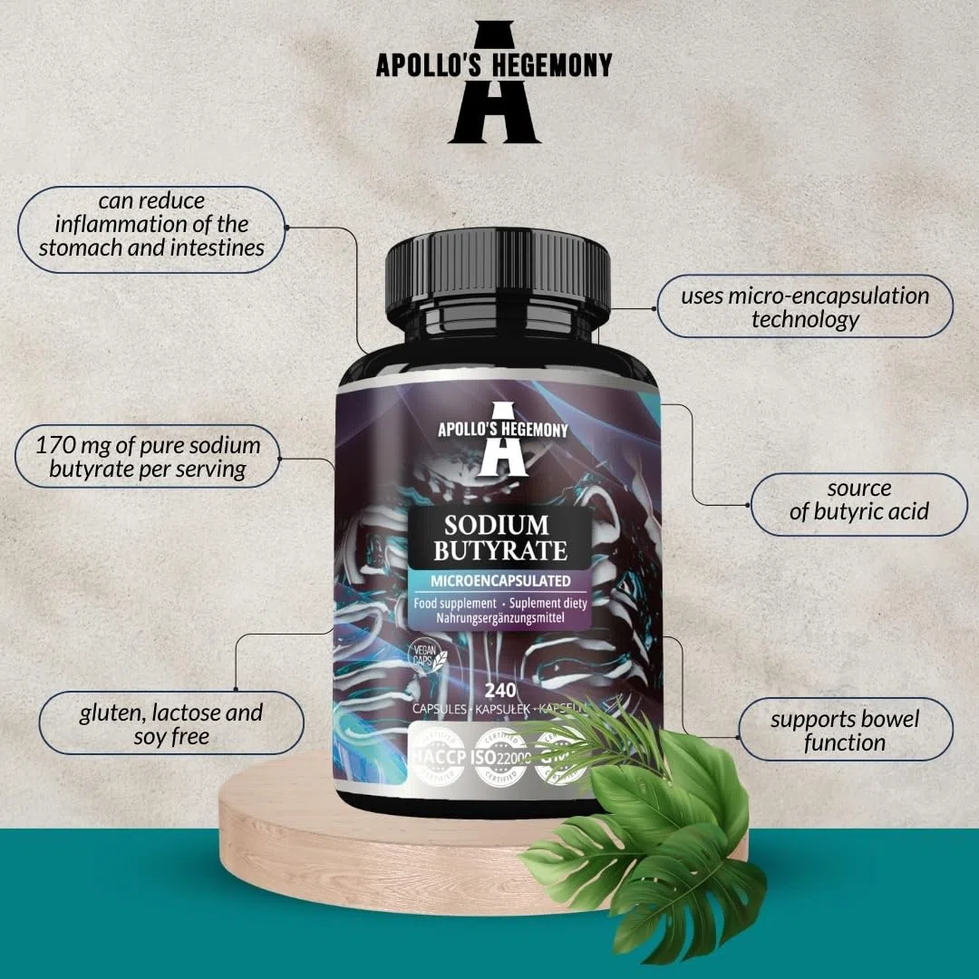 Sodio butirrato ad alto dosaggio 570 mg (30% di acido butirrico), 240 capsule vegane, 240 giorni di fornitura, integratore per sostenere la rigenerazione della barriera intestinale - Apollo's Hegemony