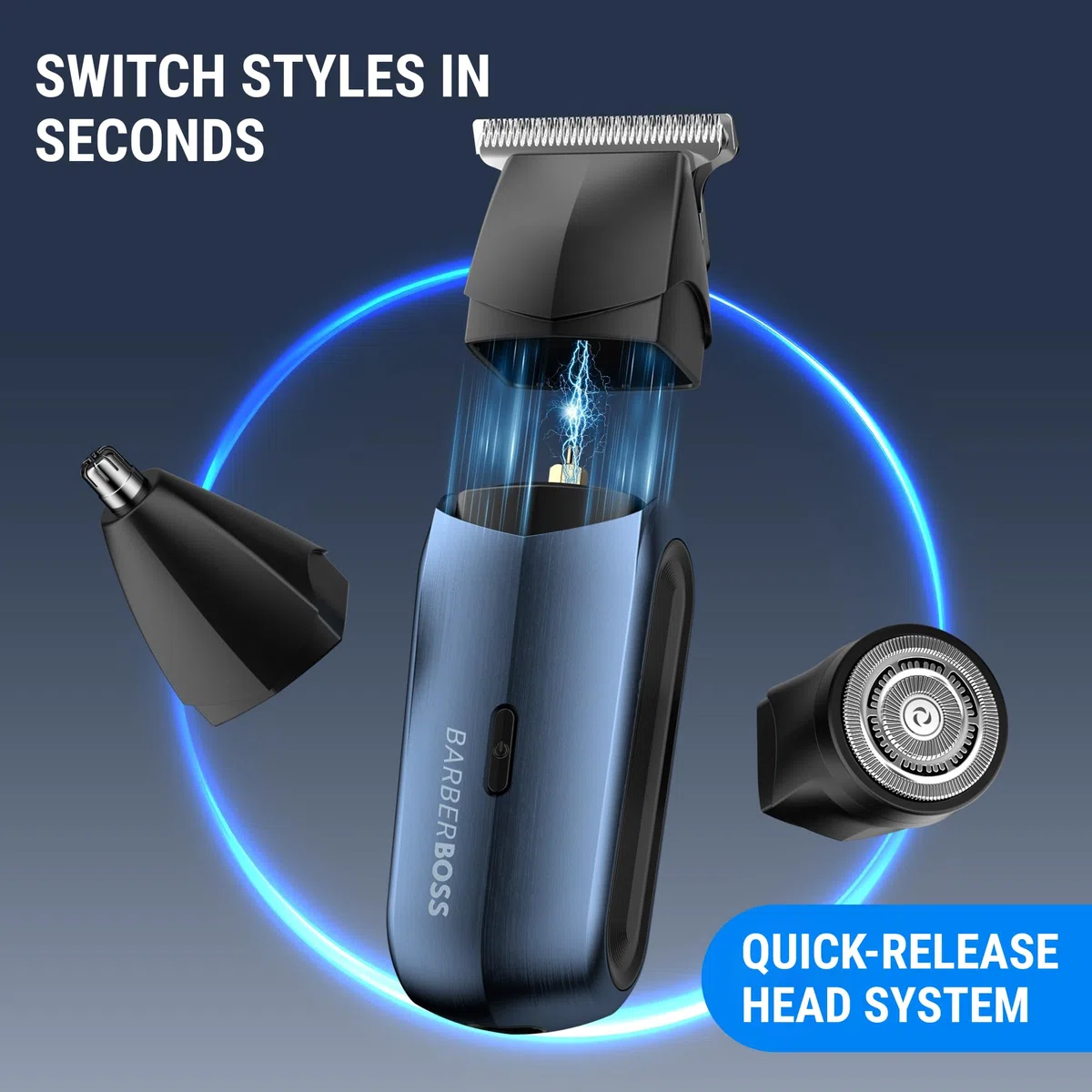 BarberBoss Rasoio elettrico da uomo 3 in 1, kit da viaggio per uomo, rasoio per barba e capelli, trimmer naso e orecchie, mini testina di rasoio, toelettatura maschile (Blu Navy Metallizzato)