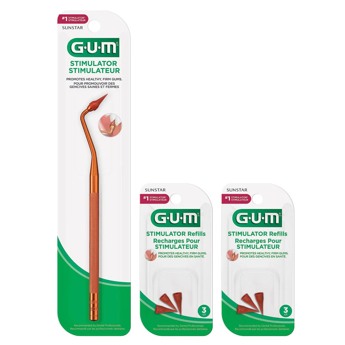GUM Pacchetto stimolatore, manico permanente con punta in gomma per massaggiare e rinforzare e 2 confezioni di ricarica, (manico + 2 confezioni di ricarica)