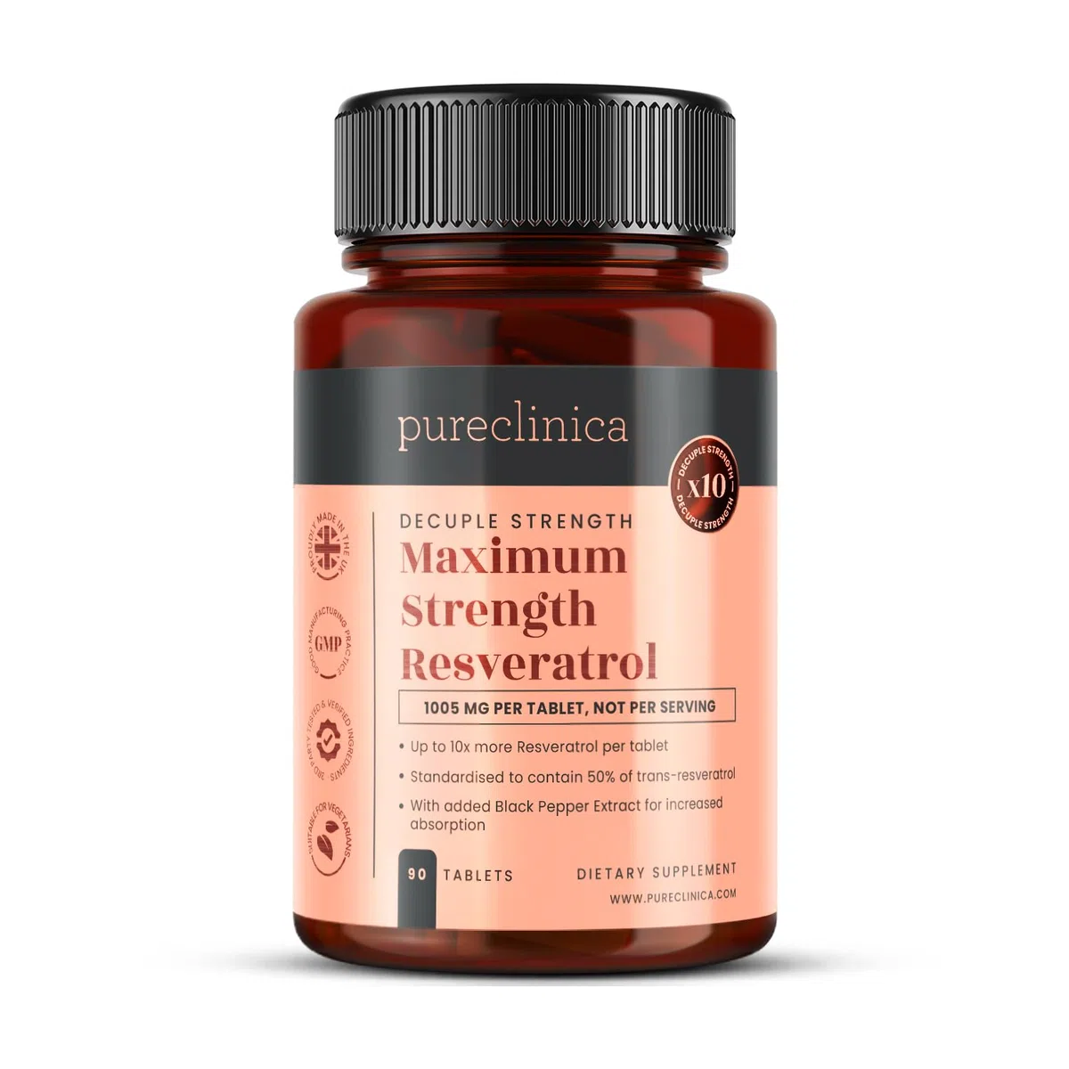 Pureclinica 90 compresse di resveratrolo da 1000 mg (fornitura per 3 mesi), 10 dosi con estratto di pepe nero